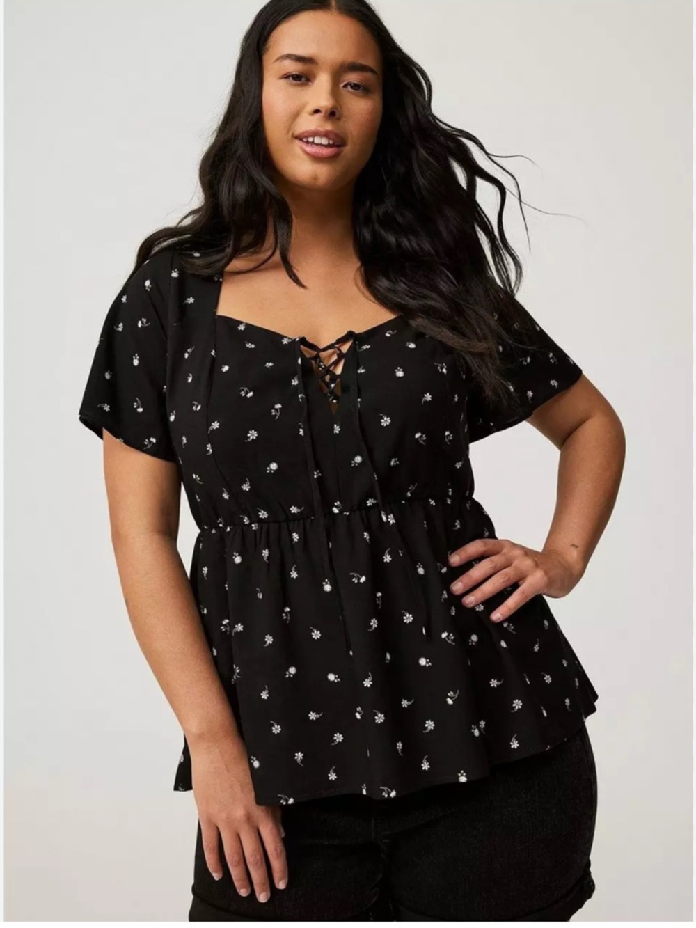 Torrid Black Floral Tie-Front Babydoll Peplum Challis Top Size 2x